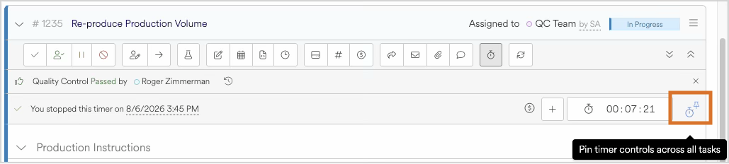 Timer controls displayed for task management and quality control tracking in production.